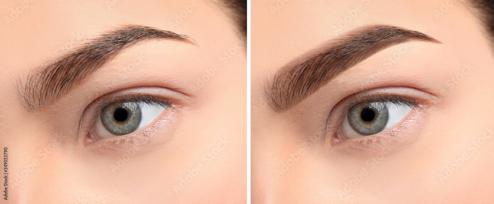 Woman before and after eyebrow correction, closeup. Banner design - obrazy, fototapety, plakaty 