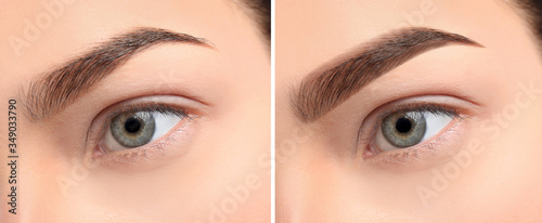 Photo Woman before and after eyebrow correction, closeup. Banner design