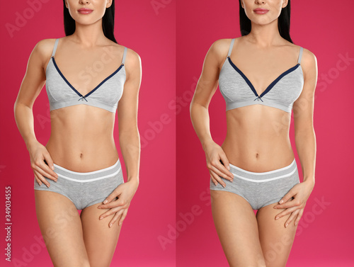 Woman before and after breast augmentation on pink background, closeup photo