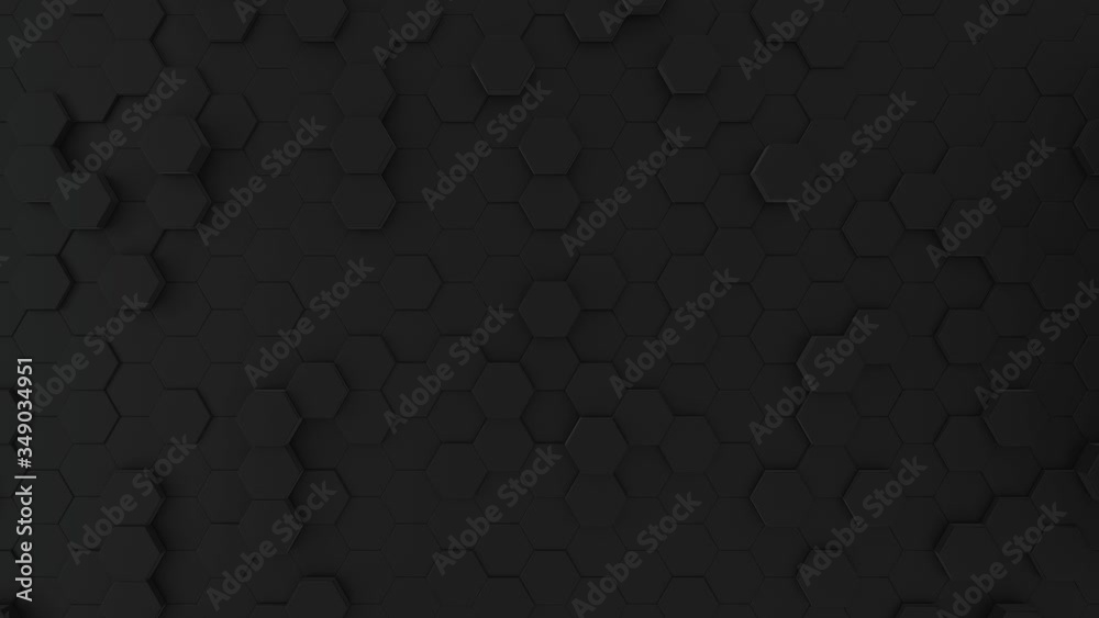 Abstract Honeycomb Background Loop wide angle. Black 3D animation of a seamless loop of hexagon beehive. Great modern trends. Light, minimal, moving hexagonal grid. Loopable