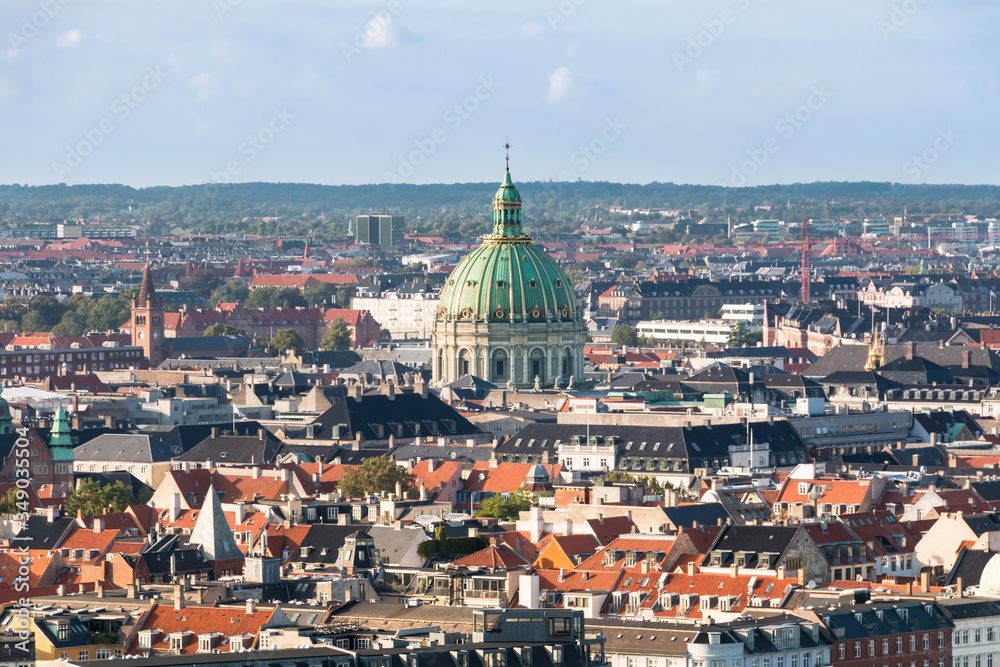 Panoramic view of Copenhagen cityscape with the dome of the Frederik's Church (Frederiks Kirke), also known as the Marble Church in the middle of the image