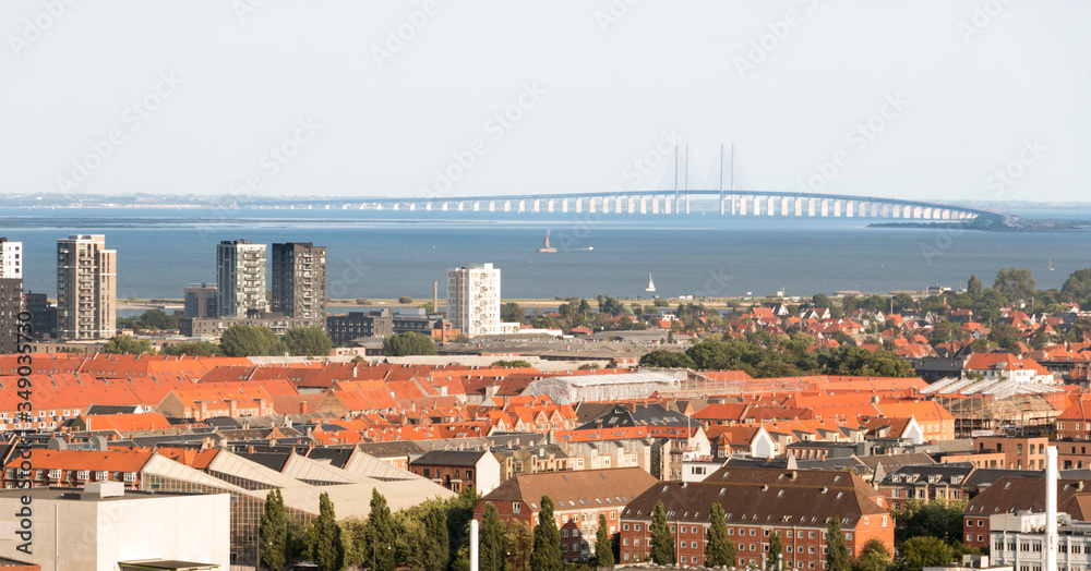 Panoramic view of the Oresund Bridge linking Denmark and Sweden from the Christianshavn neighborhood. Urban travel concept