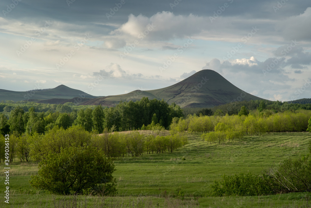 Spring landscape with a lonely mountain, a green valley with rare trees.
