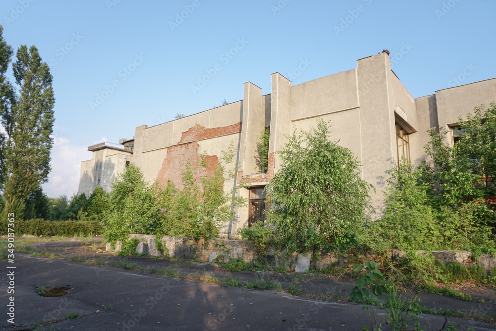 Ruins of abandoned buildings in 1986. Soviet architecture in Chernobyl. Danger of infection of people with the virus, radiation. Scary Grunge Background