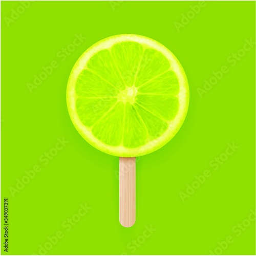 Realistic lime slice on the steek green background fresh photo