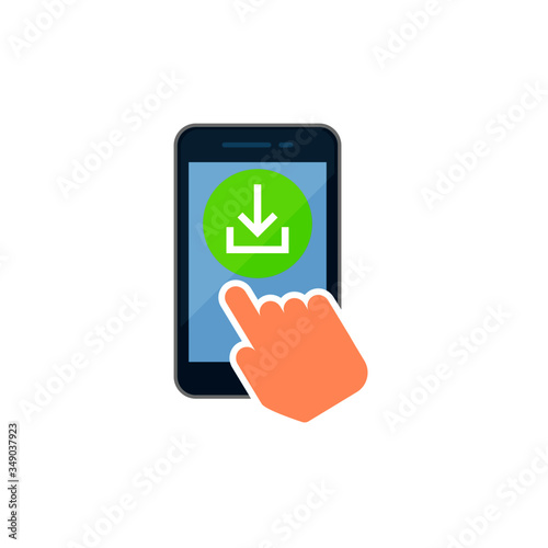 Download smartphone icon. File download on screen. Finger touching the screen. Vector illustration flat line design. Isolated on white background.