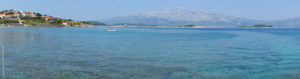 Panoramic view of the landscapes, the coast and the crystalline water on the island of Korcula, Dalmatian Coast, Croatia.