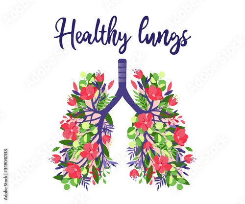 Healthy Lungs Concept. Human lungs. Respiratory System, Disease Prevention, Advertisement of Pulmonary Medicine. Internal Organ Metaphor With Flowers Ornament Shape. Cartoon Flat Vector Illustration
