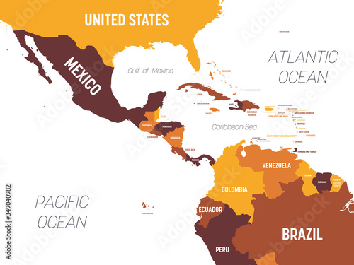 Central America map - brown orange hue colored on dark background. High detailed political map Central American and Caribbean region with country, ocean and sea names labeling