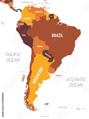 South America map - brown orange hue colored on dark background. High detailed political map South American continent with country, ocean and sea names labeling