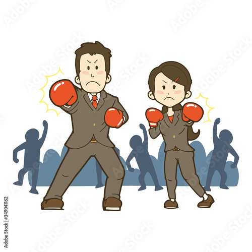 戦う男女の会社員たちのイラスト