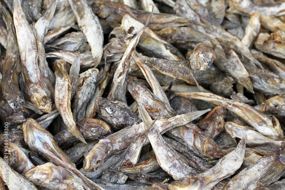 Salted dried gobies lying on a counter in a street market in southern Ukraine