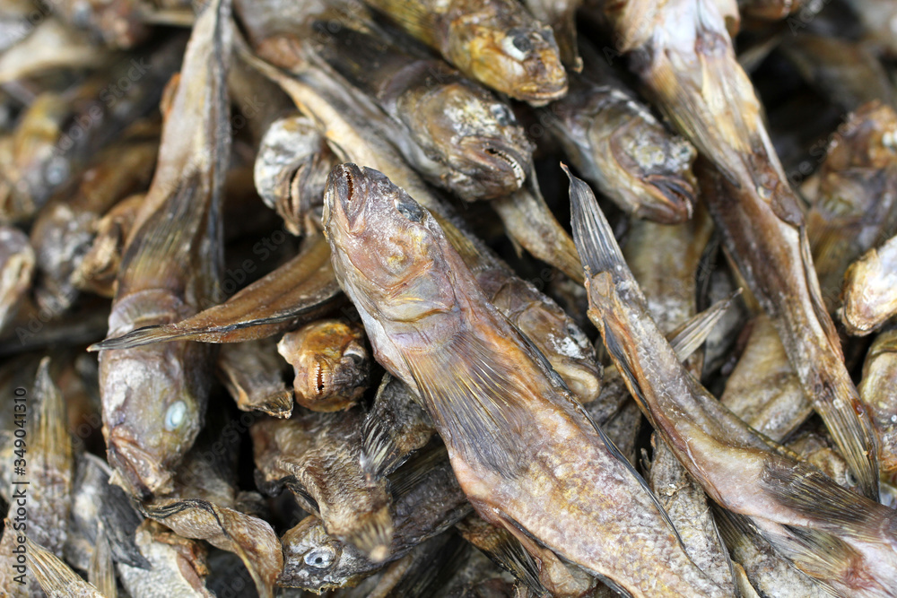 Salted dried gobies lying on a counter in a street market in southern Ukraine