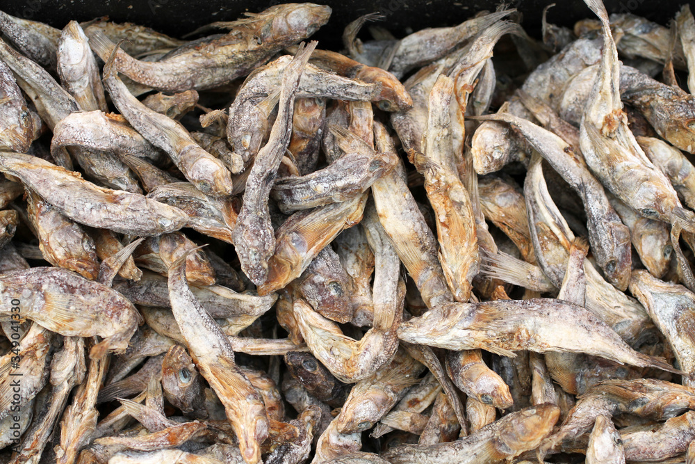 Salted dried gobies lying on a counter in a street market in southern Ukraine