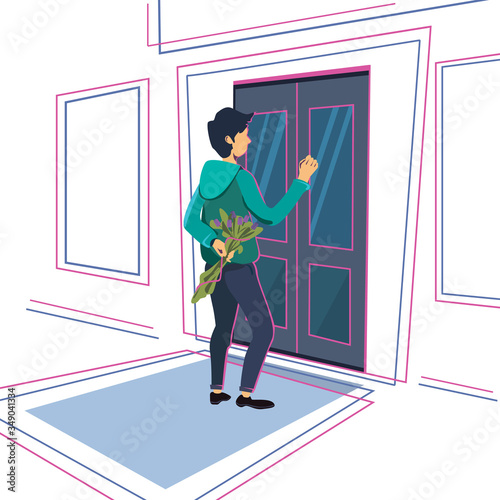 young guy with a bouquet of flowers is knocking on the door.  Stock vector illustration of a man in flat style. Thin guy in a hoodie and jeans. Happy boy on the background of the building