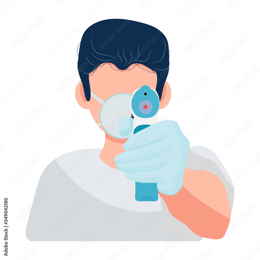 Doctor who hold in hand electronic thermometer and check body temperature, isolated on white background in cartoon flat style, stock vector Illustration.