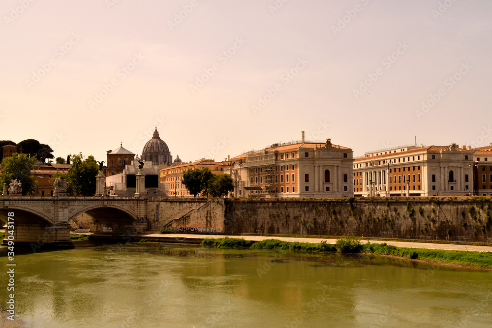 May 14th 2020, Rome Italy: View of the Tiber river and the Dome of St. Peter's Basilica without tourists due to phase 2 of the lockdown