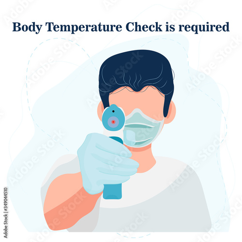 Doctor who hold in hand electronic thermometer and check body temperature, isolated on white background in cartoon flat style, stock vector Illustration.
