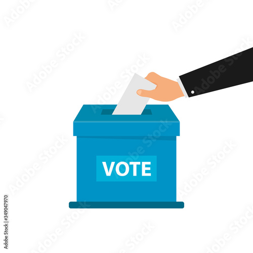 Cartoon still voting concept. Hand putting paper in the ballot box. Isolated vector illustration.