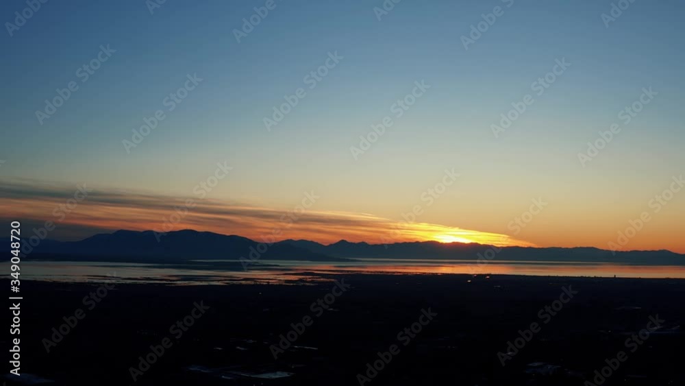 Gorgeous aerial drone view of Utah lake during a golden sunset on a warm fall evening in Provo Gorgeous aerial drone view of Utah lake during a golden sunset on a warm fall evening in Provo