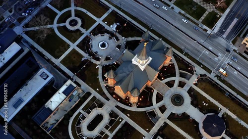 Gorgeous top bird's eye aerial drone shot of a religious temple located in downtown Provo, UT. photo