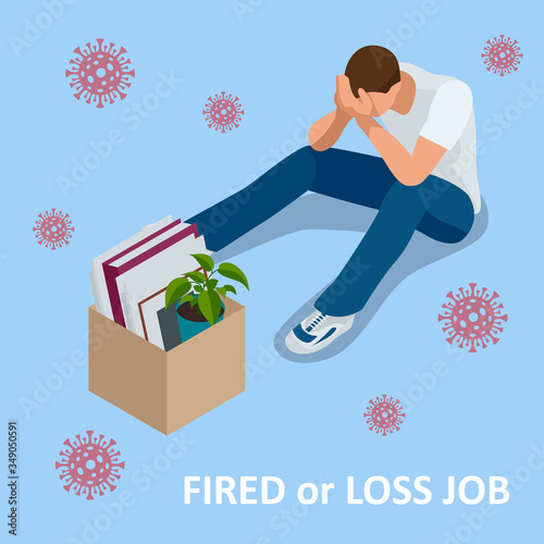 Isometric dismissal, severance, termination in case. Economic crisis caused by coronavirus. Unemployment, jobless and employee job reduction metaphor. photo
