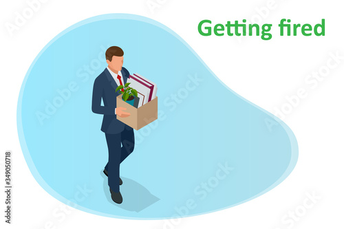 Isometric dismissal, severance, termination in case. Economic crisis caused by coronavirus. Unemployment, jobless and employee job reduction metaphor.