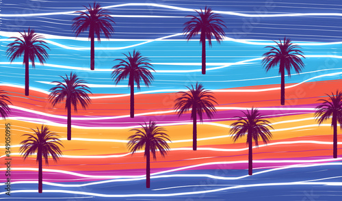 palm trees on the beach sunset background, textile fashion design pattern