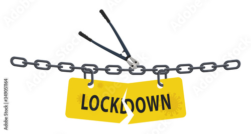 Bolt cutter cutting lockdown chain barrier isolated on white. Stock vector illustration of open lockdown.