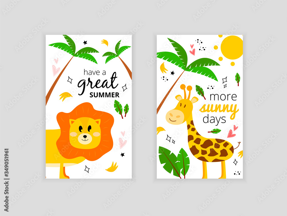 Set of cards with a lion and a giraffe. Illustration with a lion, palm leaf, bananas and the inscription good summer. Greeting card more sunny days with a giraffe.