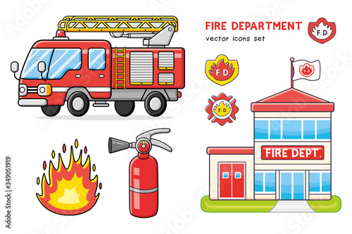 Fire truck isolated, firefighter department station building icon, extinguisher and flame icons.