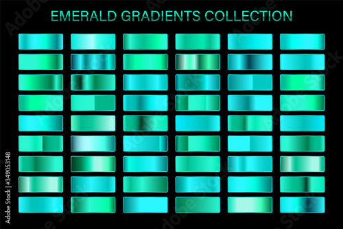 Emerald glossy gradient, metal foil texture. Color swatch set. Collection of high quality vector gradients. Shiny metallic background.