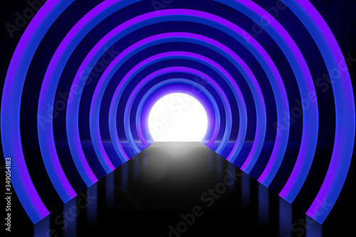 Empty background scene. rays of searchlights, neon blue and purple light, highlights and lights. Night view of the scene. Dark background with spotlights.