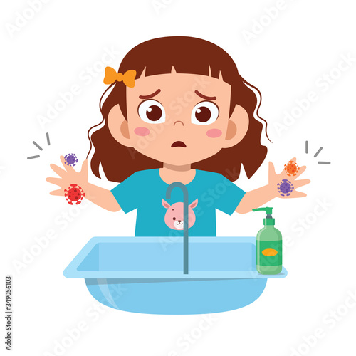 happy cute little kid girl wash hand in sink