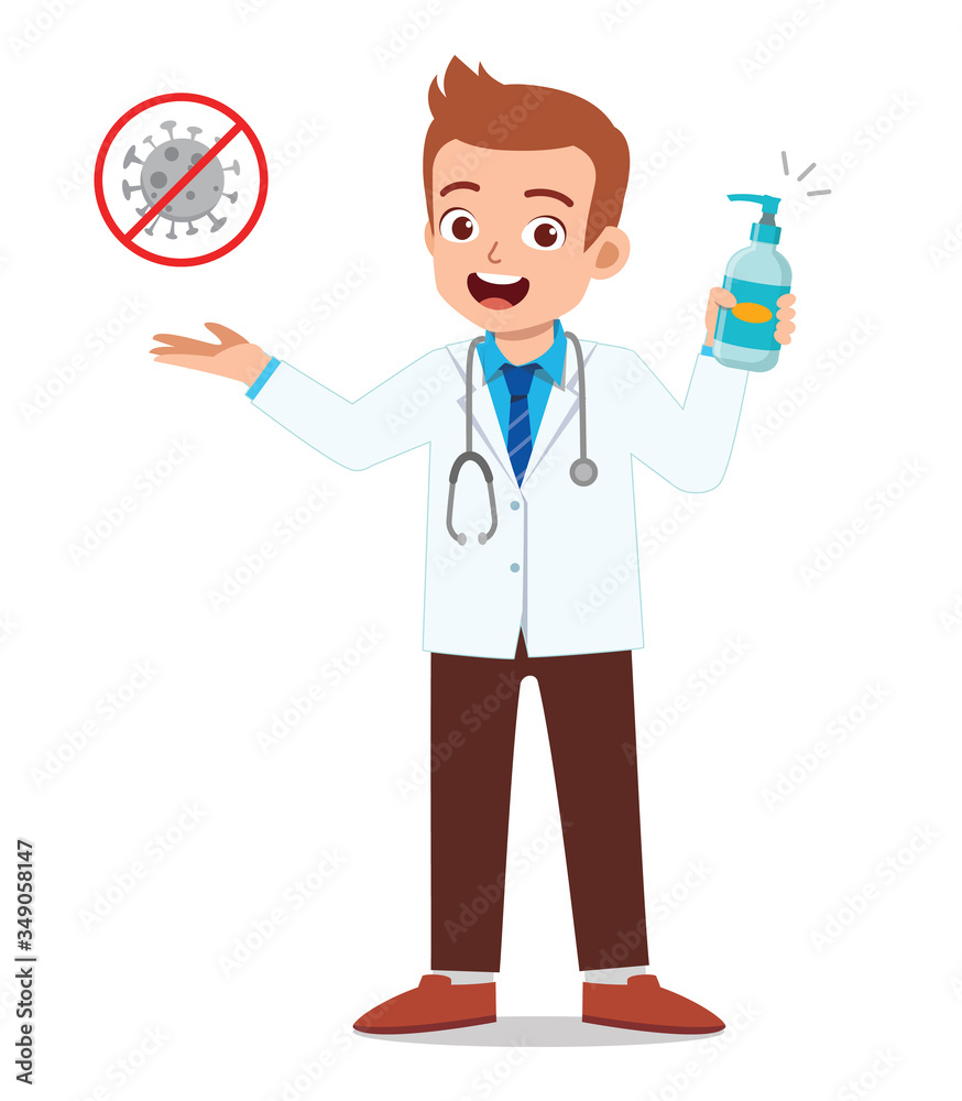 young man doctor holding hand sanitizer warn about virus