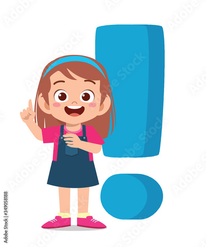 happy cute little kid girl with exclamation mark