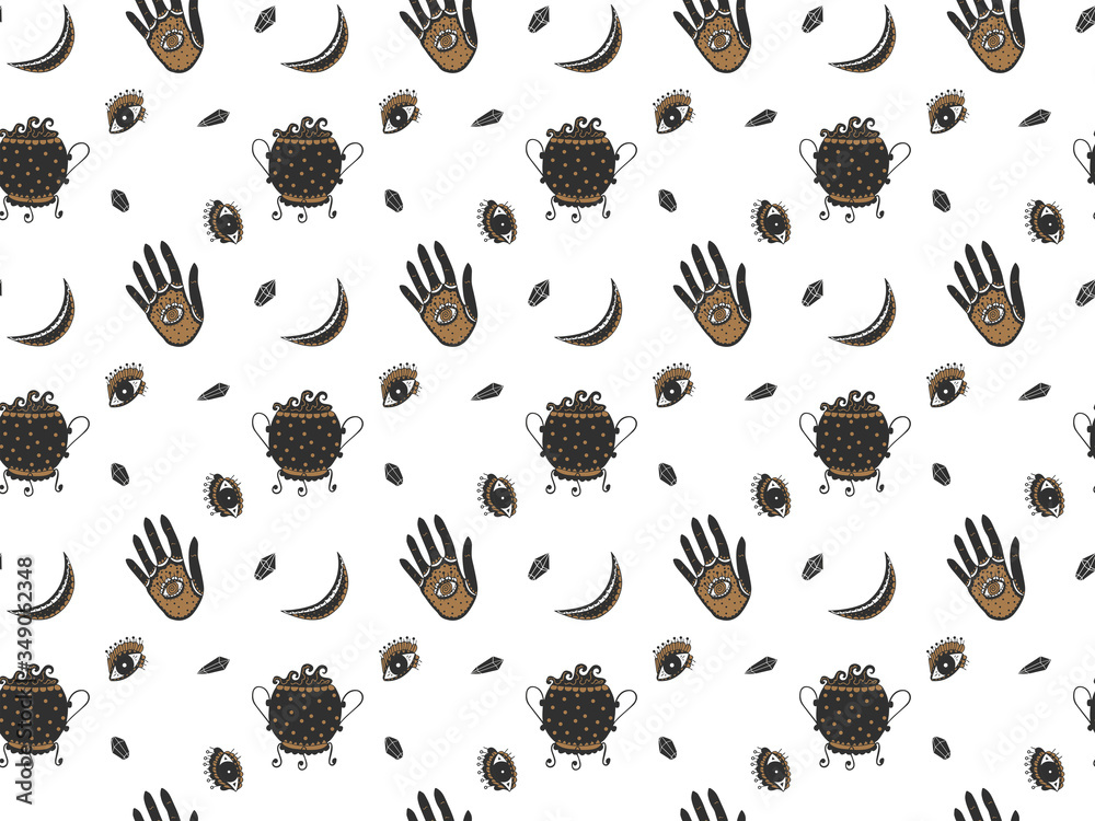 Seamless magic pattern of ornamental cauldrons with a boiling witching potion, all-seeing ok, hands of talismans with eyes inside, crescents and crystals on a white background. Occult texture. Vector. Seamless magic pattern of ornamental cauldrons with a boiling witching potion, all-seeing ok, hands of talismans with eyes inside, crescents and crystals on a white background. Occult texture. Vector.
