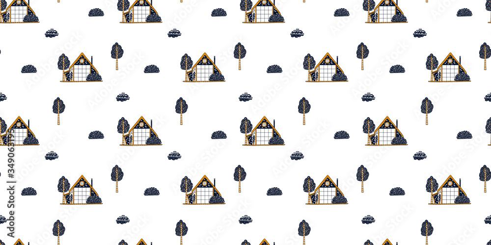 Seamless pattern of hand-drawn small village houses, growing ornamental trees, flowers and bushes, clouds in ink and orange colors on a white background. Scandinavian style. Vector.