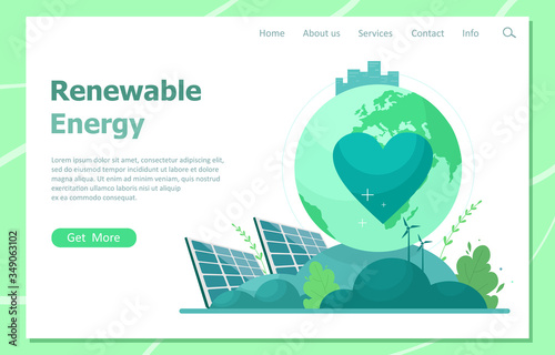 The concept of renewable energy from the sun and wind turbines. Landing page of green energy resources. Vector illustration in a flat style.