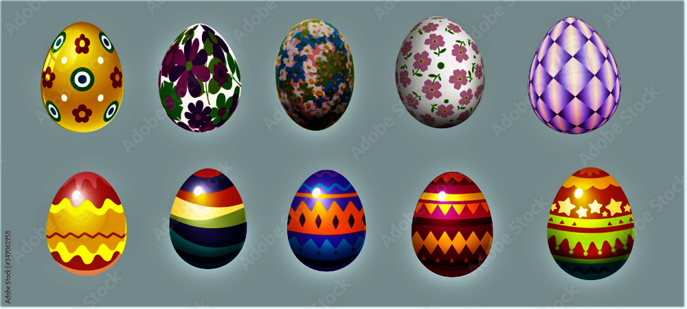 vector illustration of a set of multicolored easter eggs on a gray background