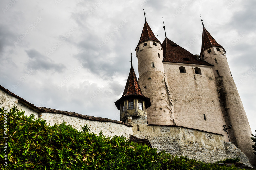 old castle in Switzerland with towers and wall
