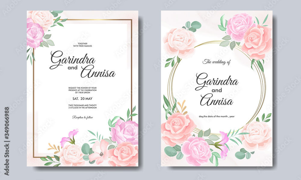 Beautiful floral frame wedding invitation card template Premium Vector