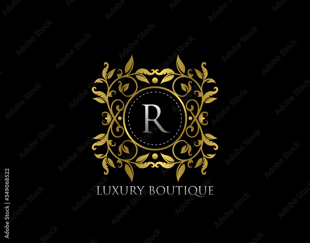 Fototapeta premium R Letter Luxury Boutique, Beautidul Flourish Gold Logo template