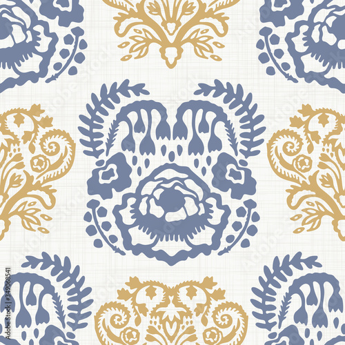 
Seamless rose pattern in french blue linen shabby chic style. Hand drawn floral damask texture. Old white blue background. Farmhouse style wallpaper home decor swatch. Flower motif all over print