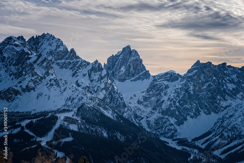 Winter landscape in Tre Cime Dolomiti, or Drei Zinnen Dolomites. Monte Elmo Sesto , Italy. January 2020