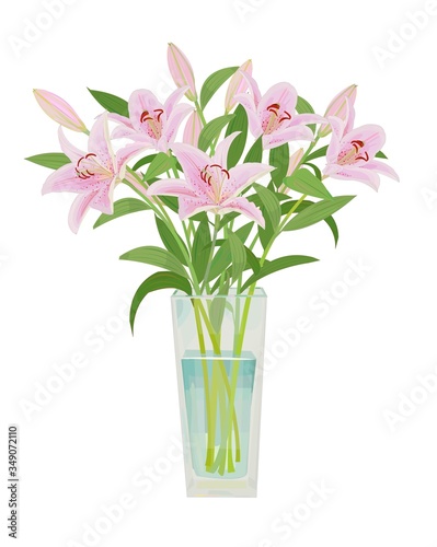 ガラスの花瓶に生けたユリ　ピンク