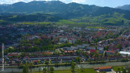  Aerial view of the city Sonthofen in Germany, Bavaria on a sunny spring day during the coronavirus lockdown. photo