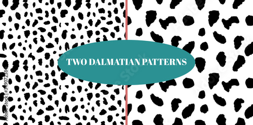 Dalmatian detailed spotted skin seamless pattern set. Dogs fur black and white spots pack. Animal vector print for textile, texture, design, fabric, apparel. EPS10.