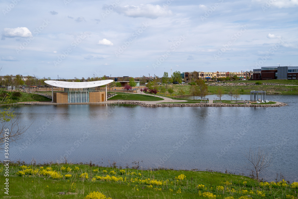 Maple Grove, Minnesota - View of the Town Green park and community outdoor bandshell on the lake