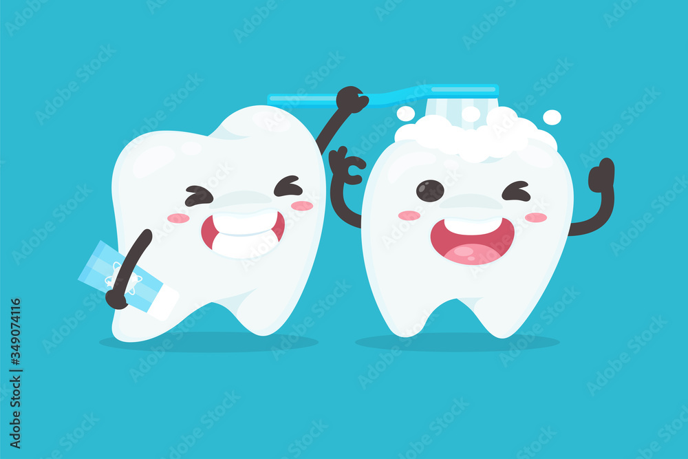 Vector cartoon characters brushing teeth to clean their teeth Dental dentist concept.